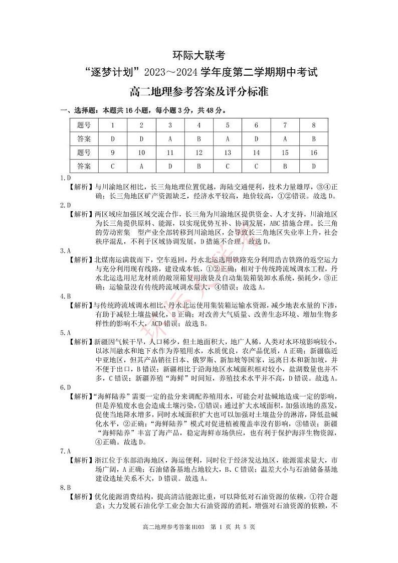 高二地理参考答案与评分标准第1页