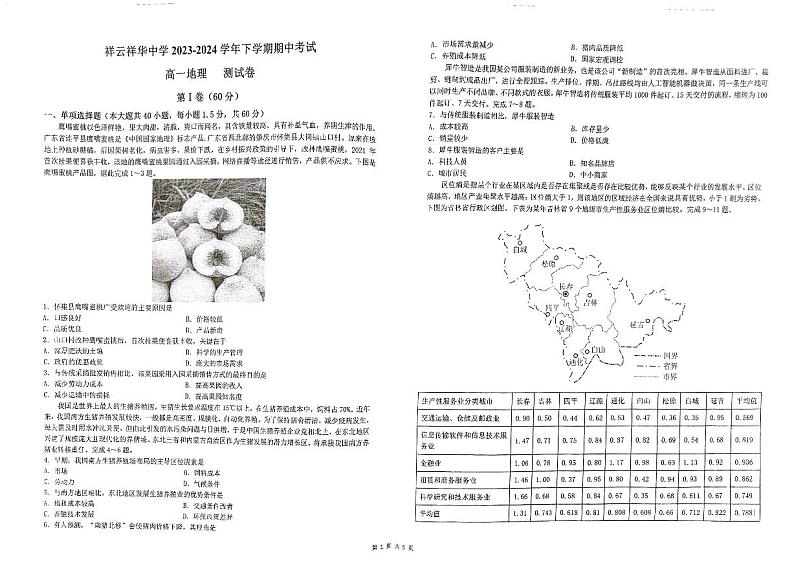 云南省大理白族自治州祥云县祥云祥华中学2023-2024学年高一下学期5月期中地理试题第1页