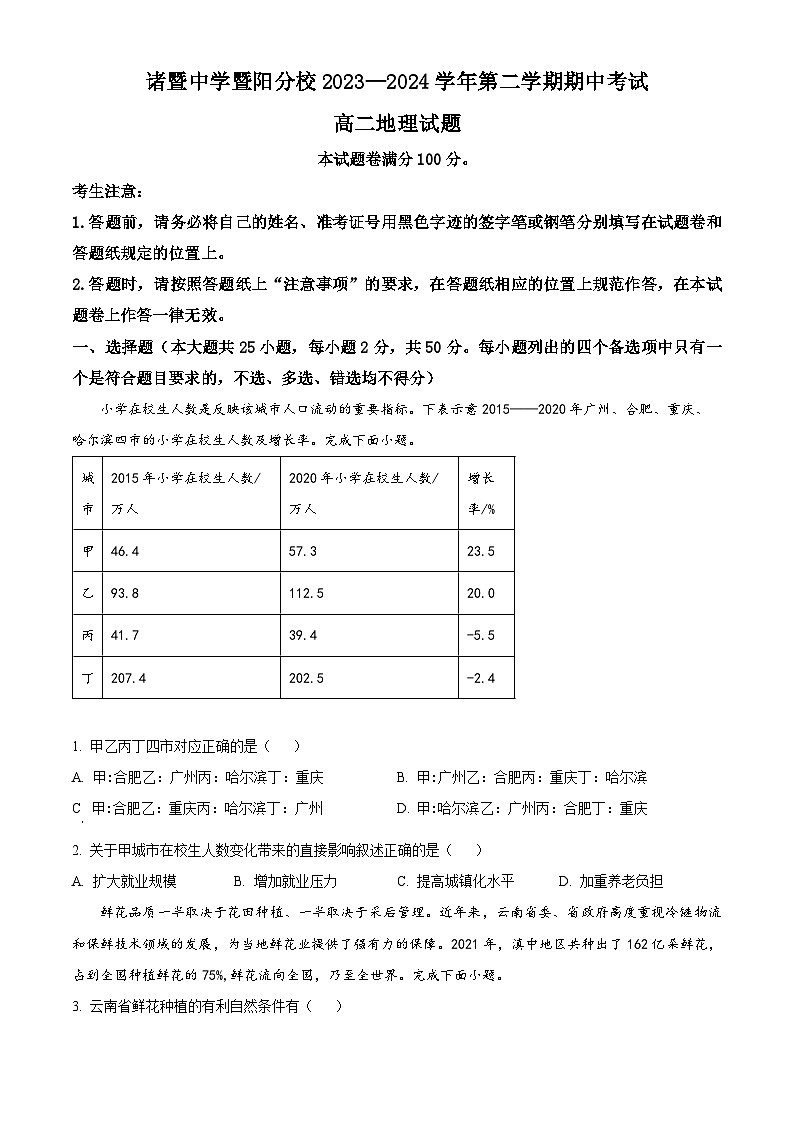 浙江省绍兴市诸暨中学暨阳分校2023-2024学年高二下学期期中考试地理试题(原卷版+解析版)01