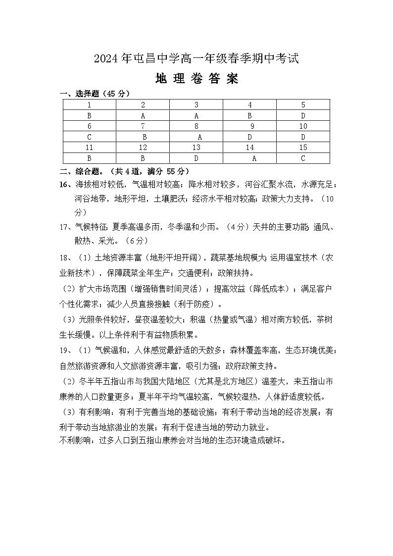 海南省屯昌中学2023-2024学年高一下学期期中考试地理答案第1页