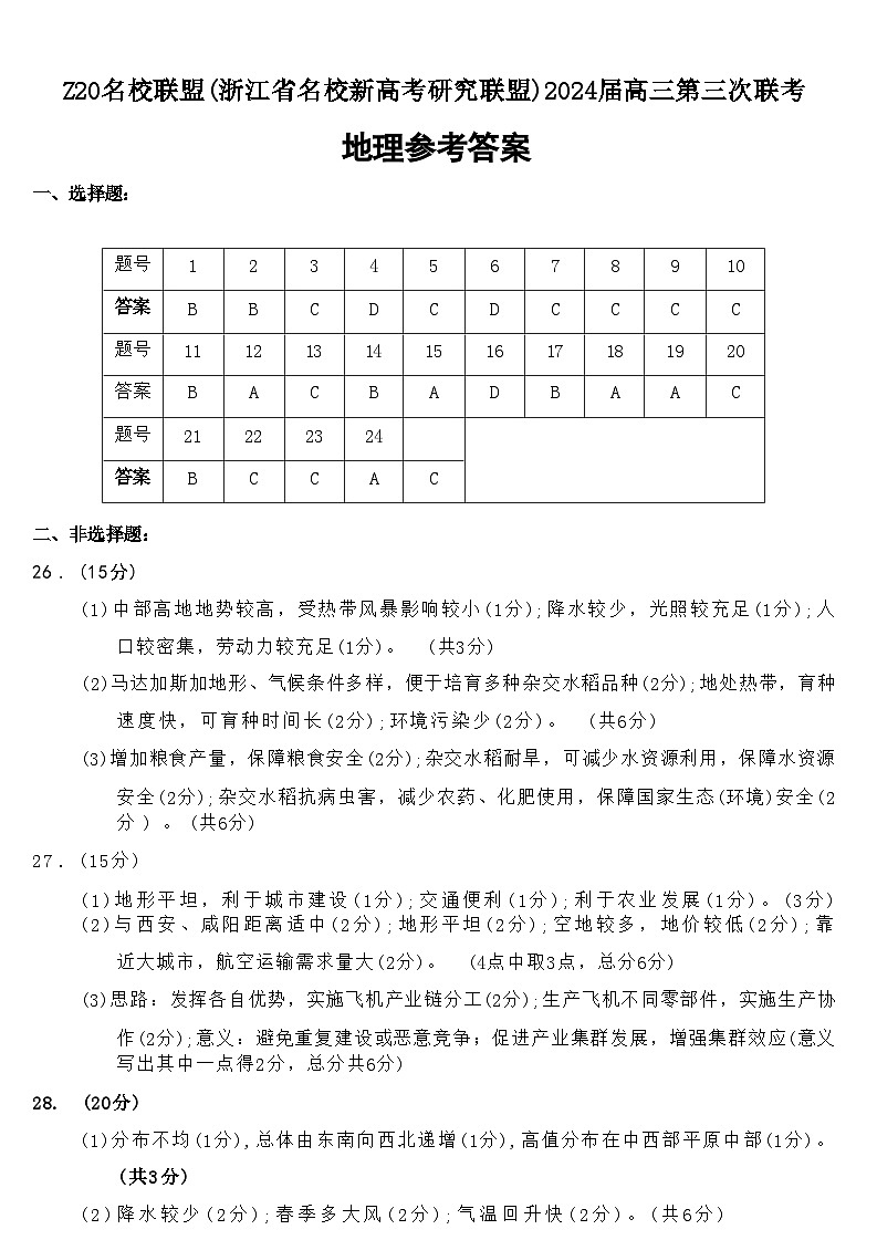 浙江省Z20名校联盟(浙江省名校新高考研究联盟)2024届高三年级第三次联考地理试题01