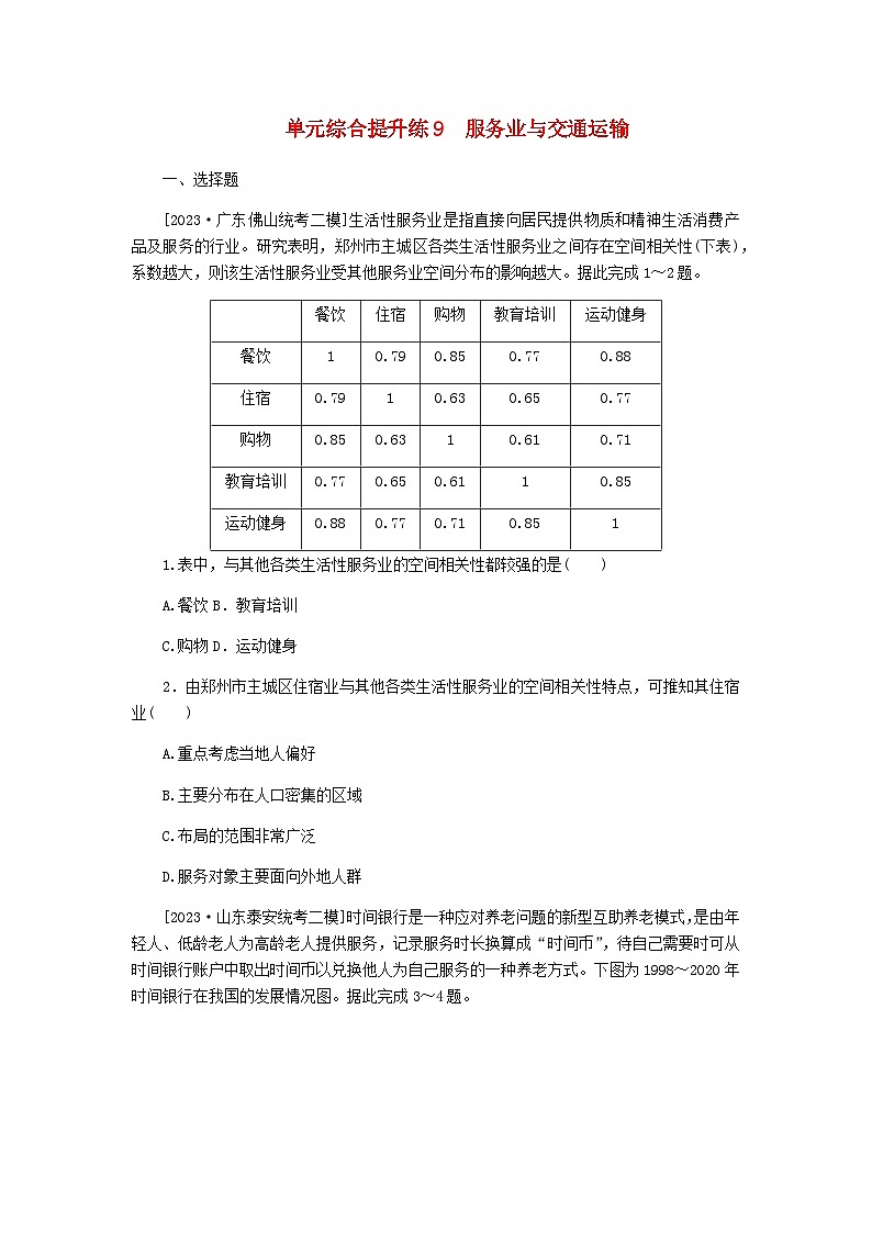 新教材2024高考地理二轮专题复习单元综合提升练9服务业与交通运输含答案01