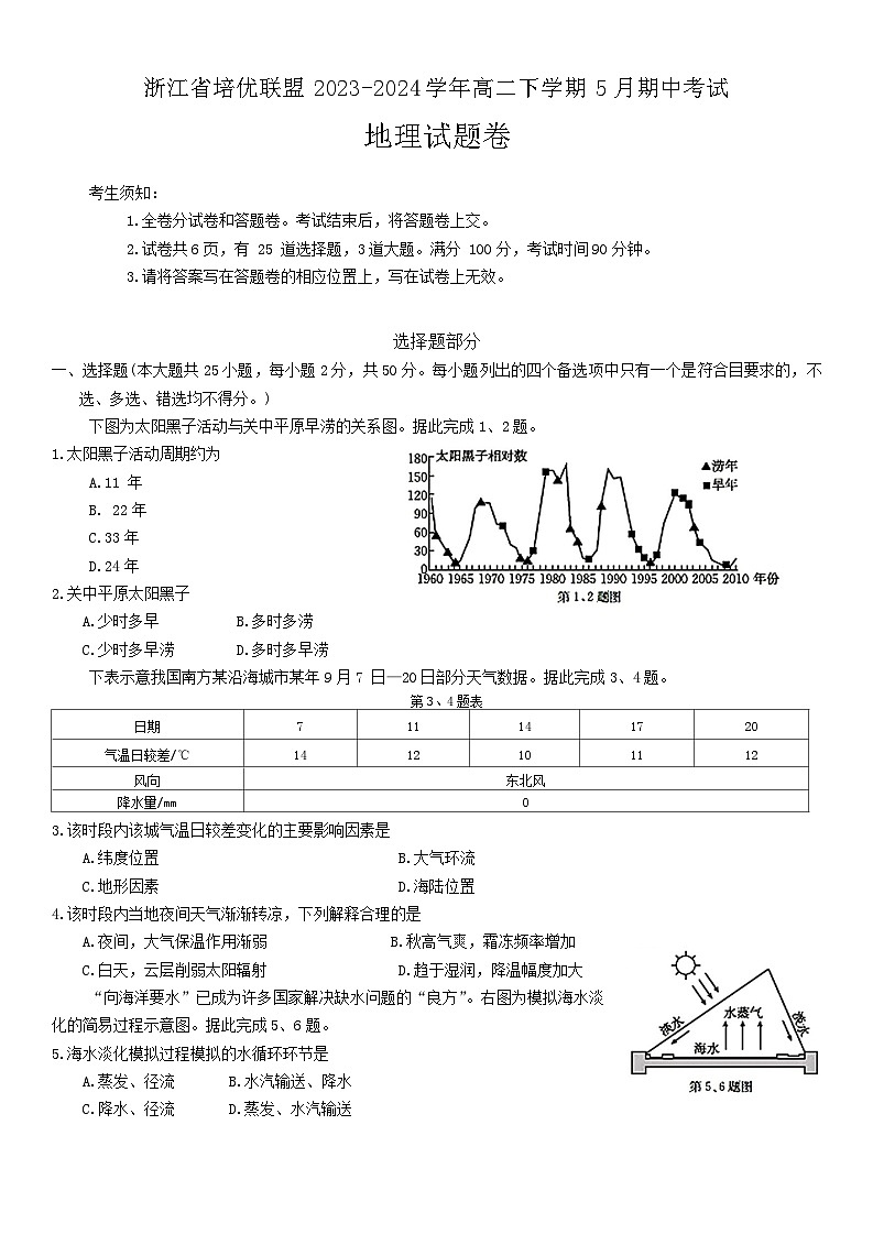 浙江省培优联盟2023-2024学年高二下学期5月期中地理试题第1页