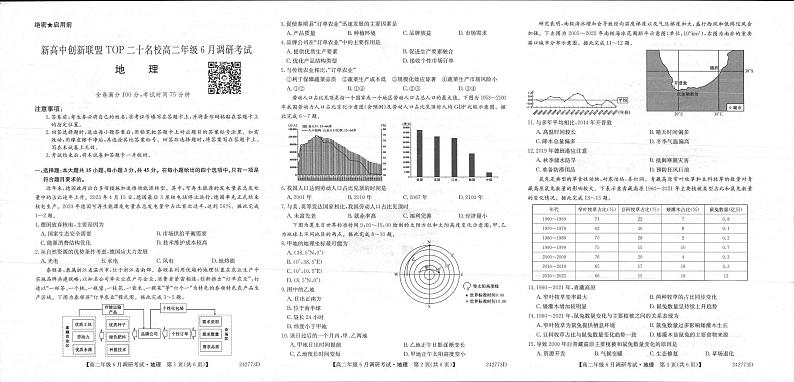 地理丨新高中创新联盟TOP二十名校2025届新高三6月调研考试地理试卷及答案第1页