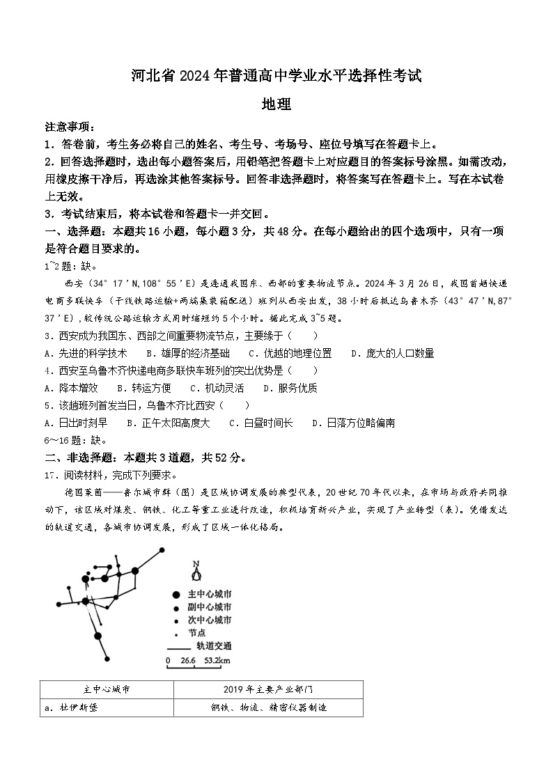 2024年河北省高考地理真题(无答案)