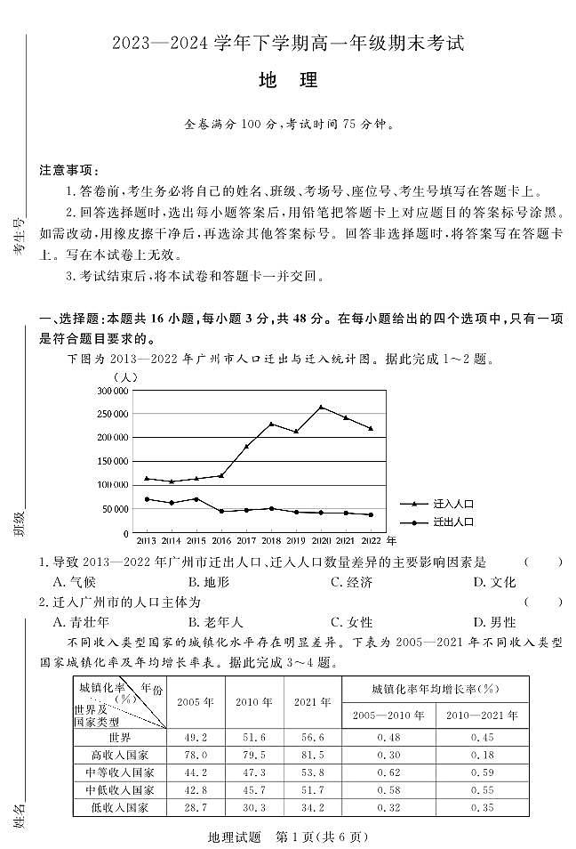地理-河南省青桐鸣新未来2023-2024学年下学期高一年级7月期末考试试题和答案第1页