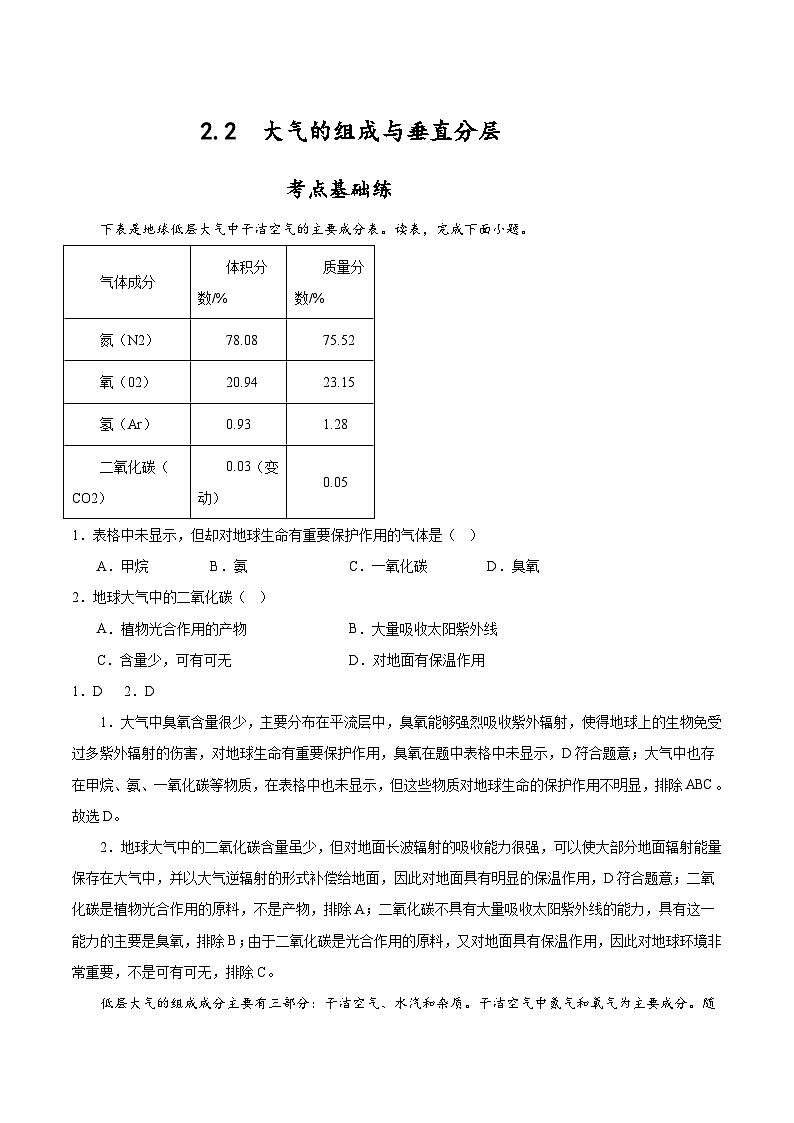 2.2《大气的组成与垂直分层》分层练习(解析版)-中图版地理必修第一册01