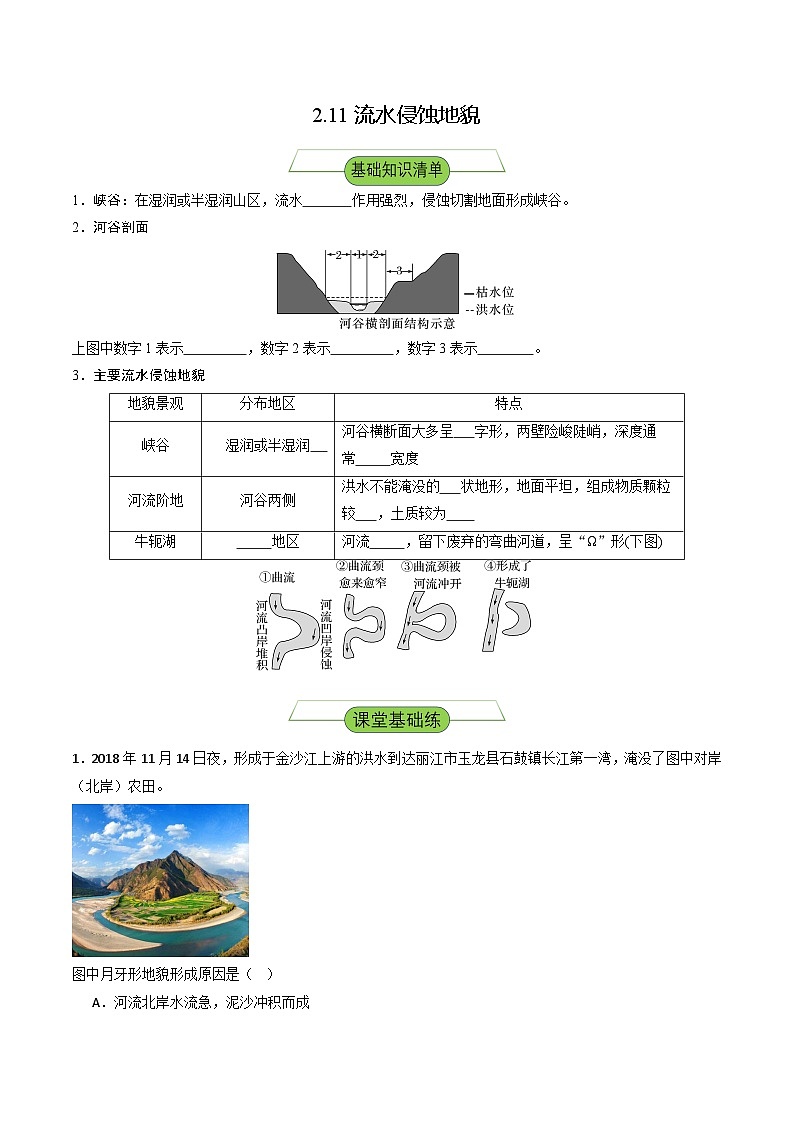 【新课标】2.1.1《流水侵蚀地貌》分层练习(原卷版)-湘教版地理必修第一册01