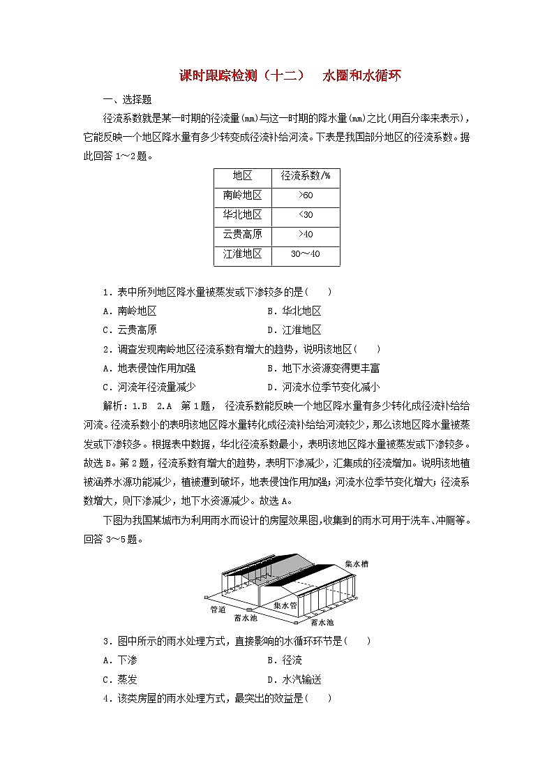 高考地理一轮复习课时跟踪检测十二水圈和水循环含解析鲁教版第1页