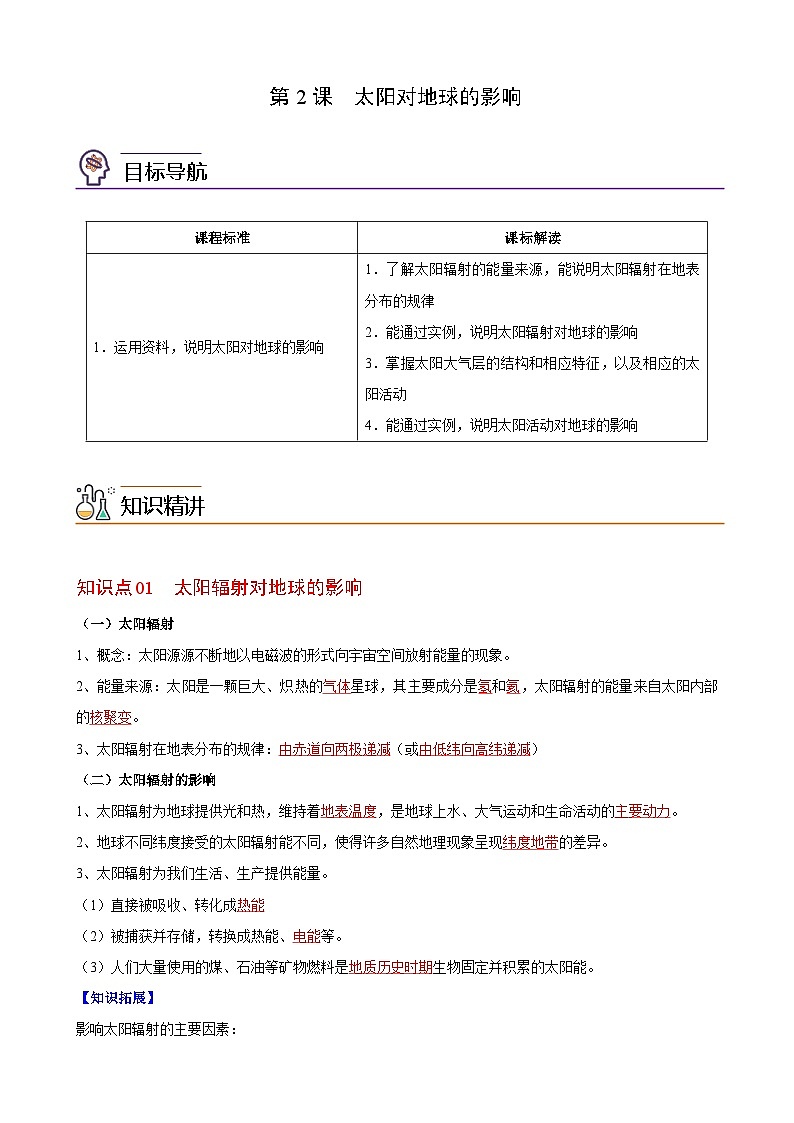 人教版地理必修第一册 1.2太阳对地球的影响(教案)第1页