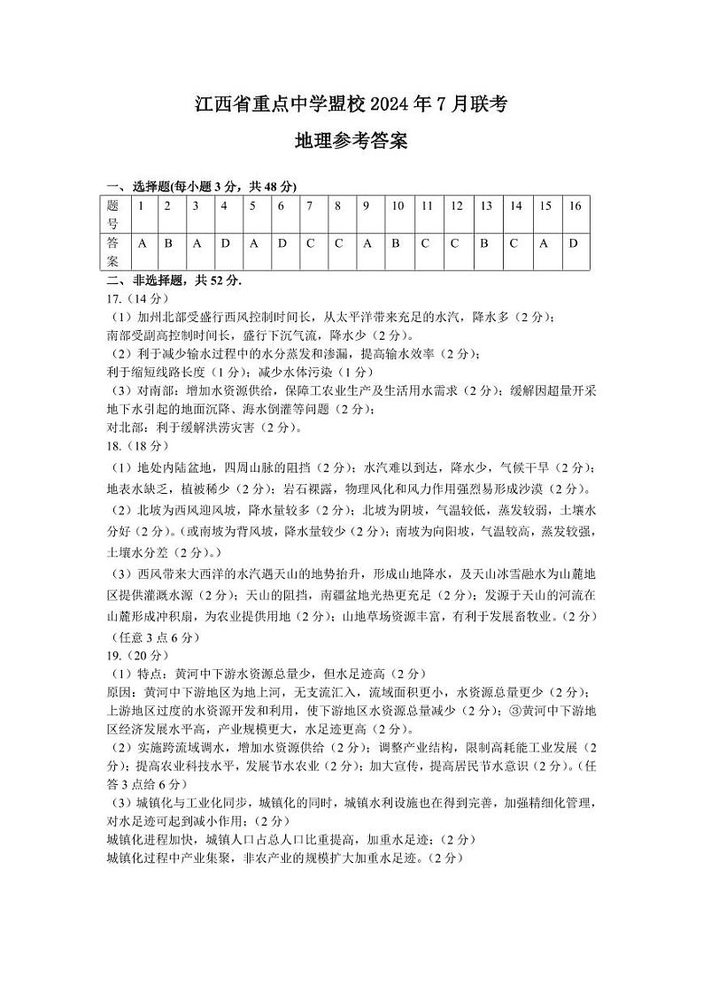 2025届江西省重点中学联盟高三上学期7月联考地理试题01