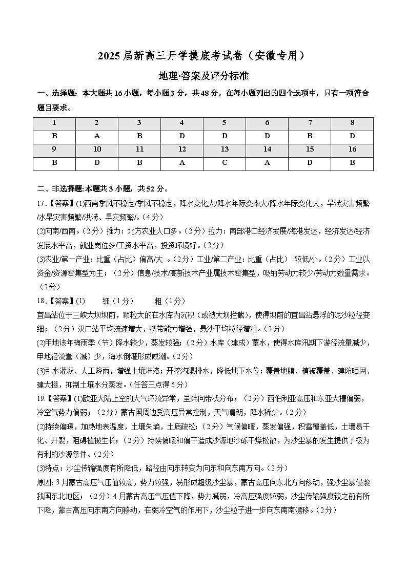 【开学考】2024秋高三上册开学摸底考试卷地理(安徽专用)01