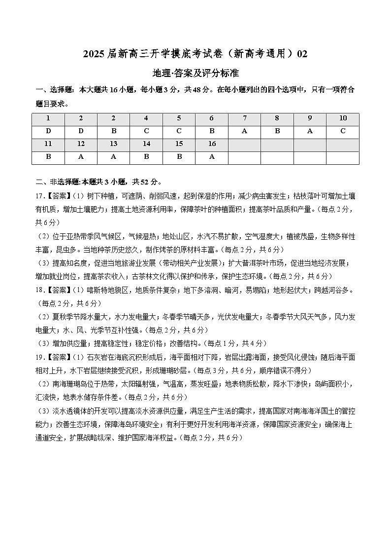 【开学考】2024秋高三上册开学摸底考试卷地理(新高考通用)0201