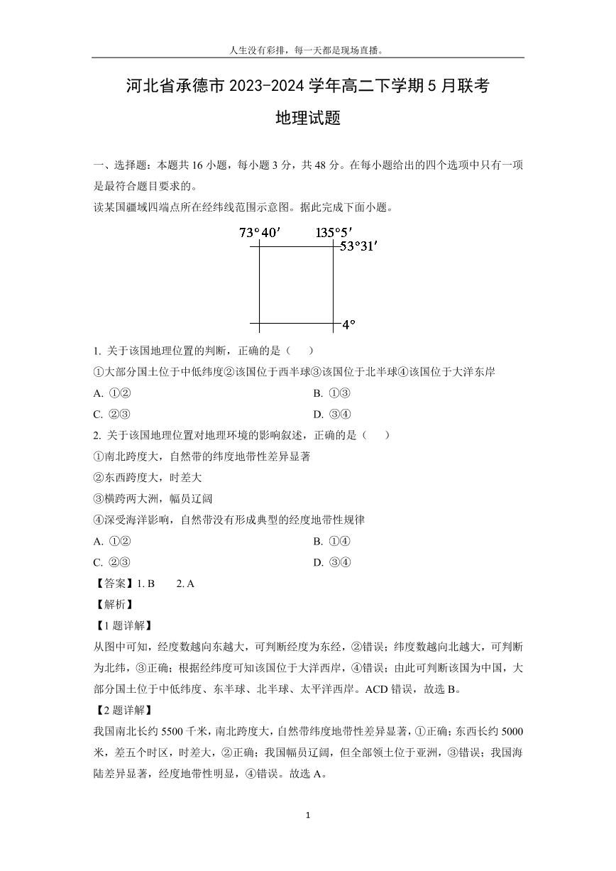 [地理]河北省承德市2023-2024学年高二下学期5月联考试题(解析版)