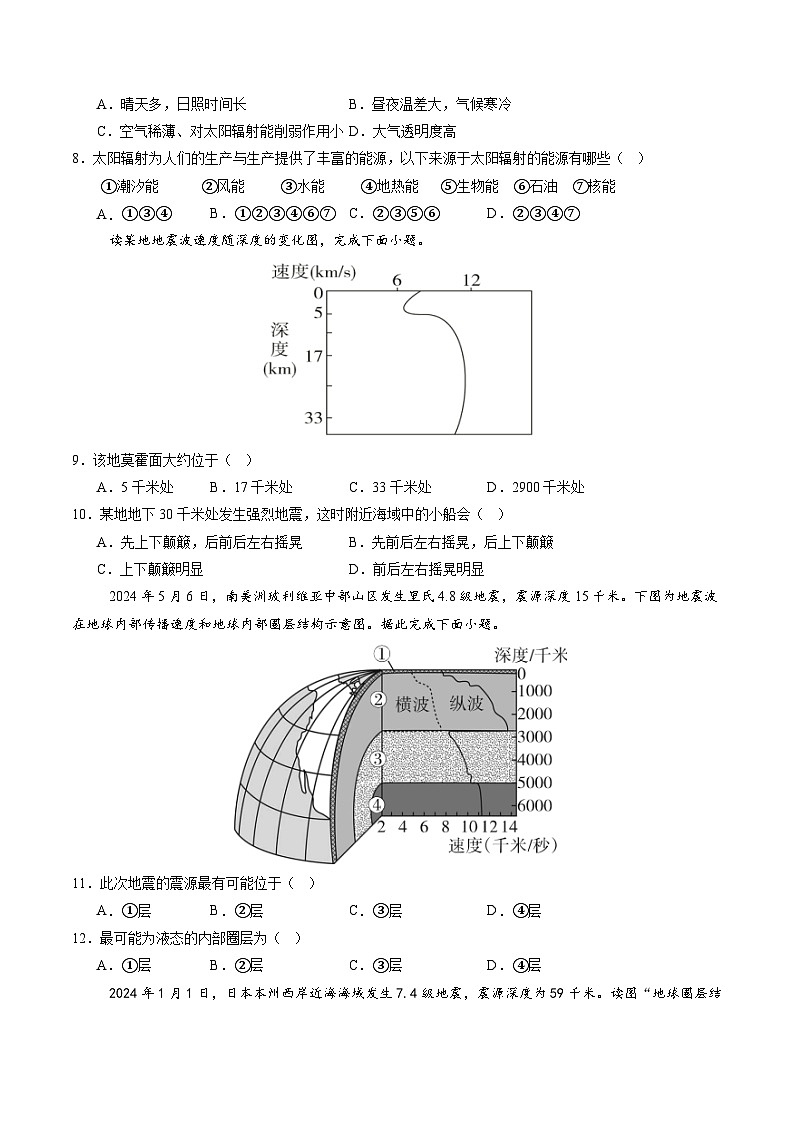 第一章 宇宙中的地球(单元测试)(原卷版)第2页