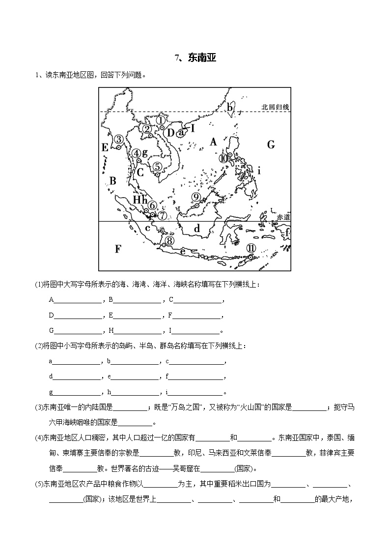 【区域识图训练】高中世界地理（通用版）识图训练07 东南亚（教师版+学生版）