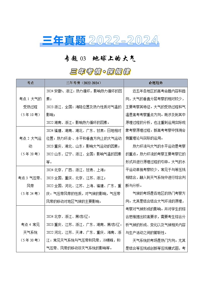 三年(2022-2024)高考地理真题分类汇编(全国通用)专题03 地球上的大气(解析版)01