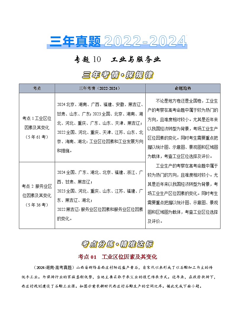 三年(2022-2024)高考地理真题分类汇编(全国通用)专题10工业与服务业(原卷版)01