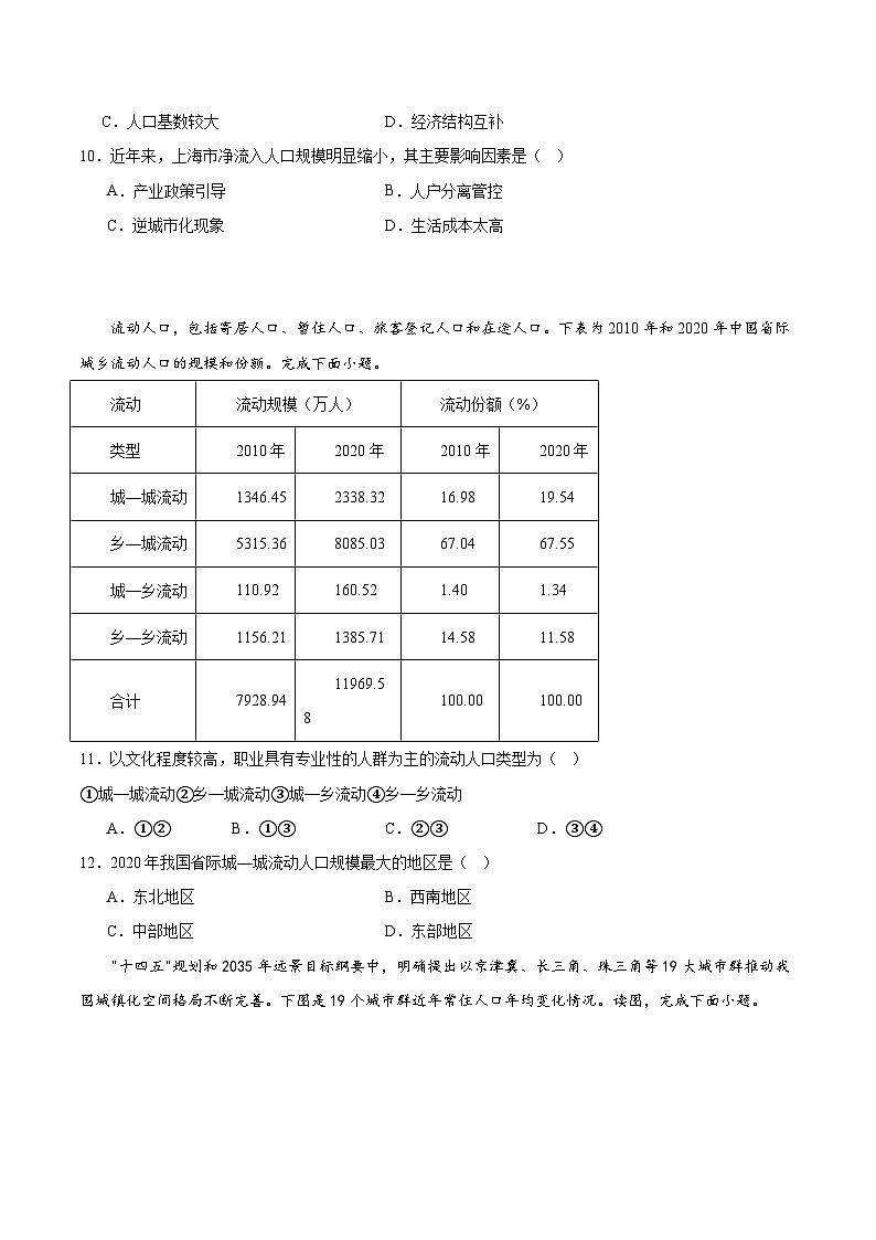 鲁教版2019高一地理必修第二册 1.2人口迁移 分层练习03
