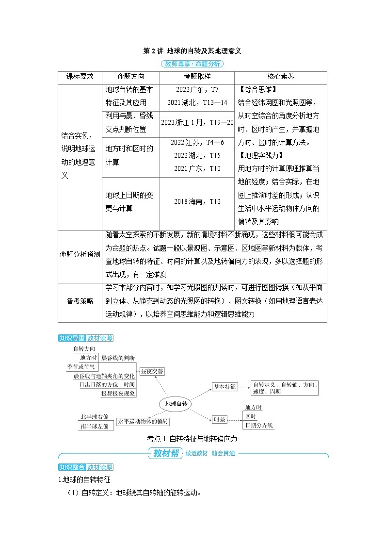 2025年高考地理精品教案第一部分自然地理第二章地球的运动第2讲地球的自转及其地理意义01