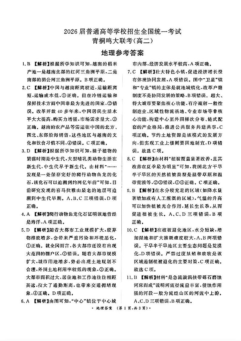 河南省青桐鸣大联考2024-2025学年高二上学期开学考试地理试题(Word版附答案)01