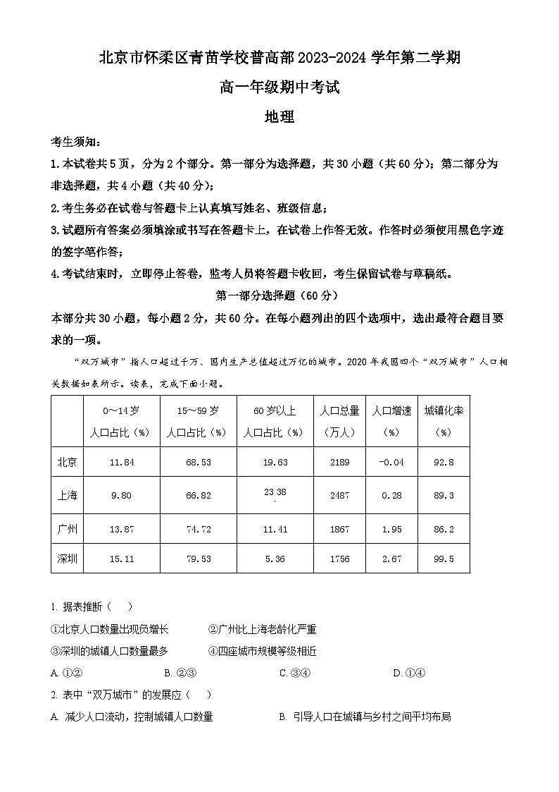 北京市怀柔区青苗学校普高部2023-2024学年高一下学期期中考试地理试卷(Word版附解析)01
