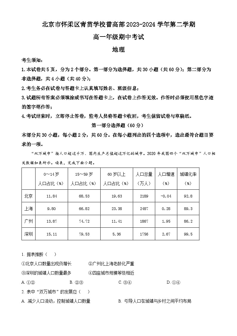 北京市怀柔区青苗学校普高部2023-2024学年高一下学期期中考试地理试卷(Word版附解析)01