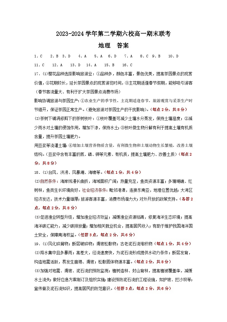 福建省福州市六校2023-2024学年高一下学期期末考试地理试题01