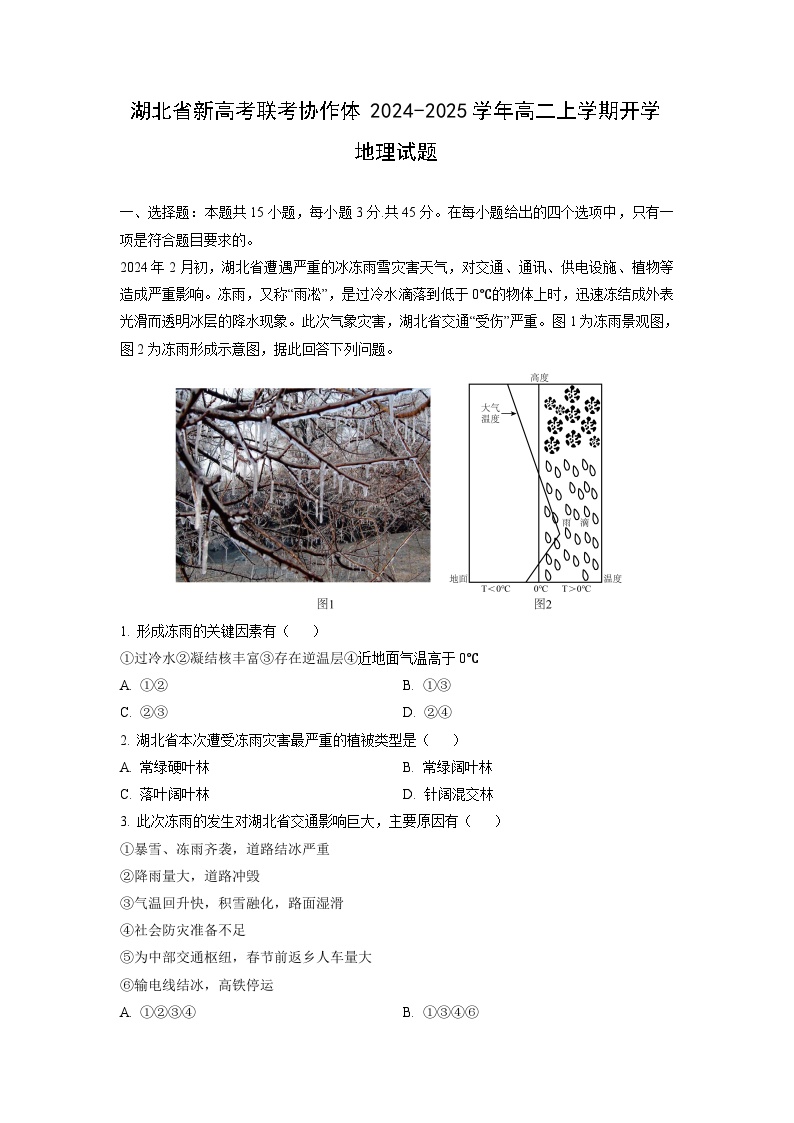 [地理]湖北省新高考联考协作体2024-2025学年高二上学期开学试题(解析版)