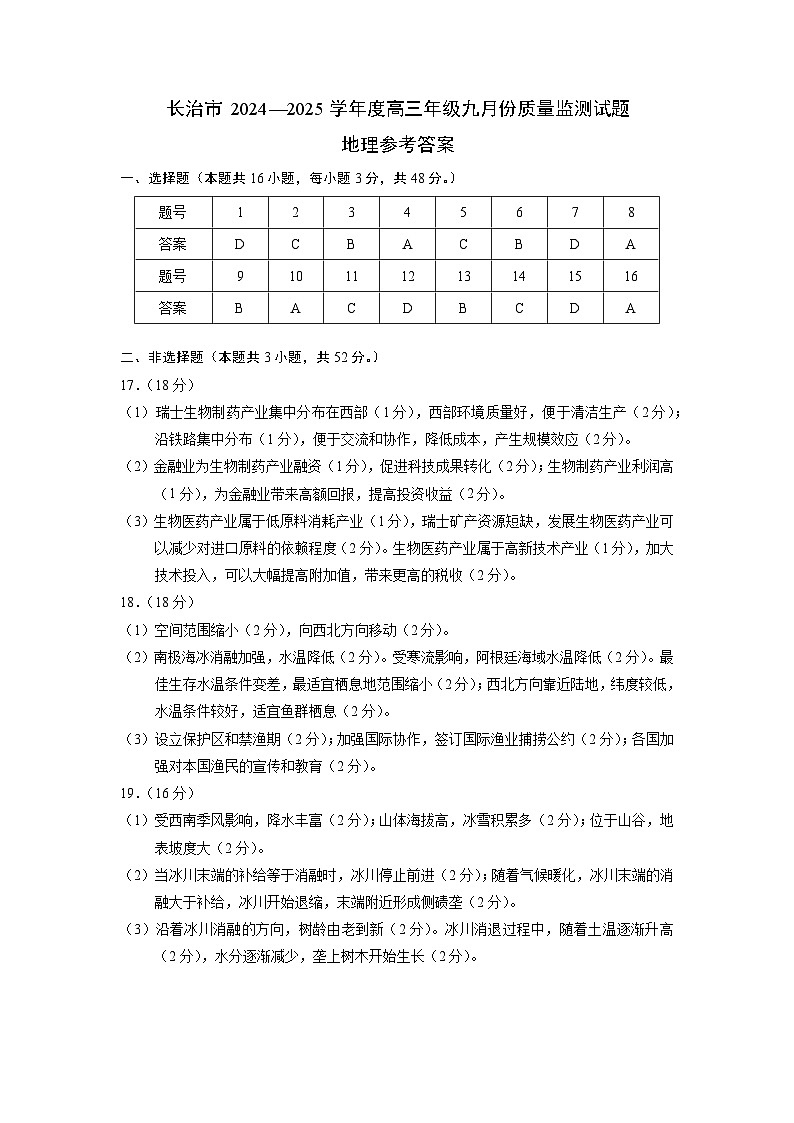 山西省长治市2024-2025学年度高三九月份质量监测试卷地理答案第1页