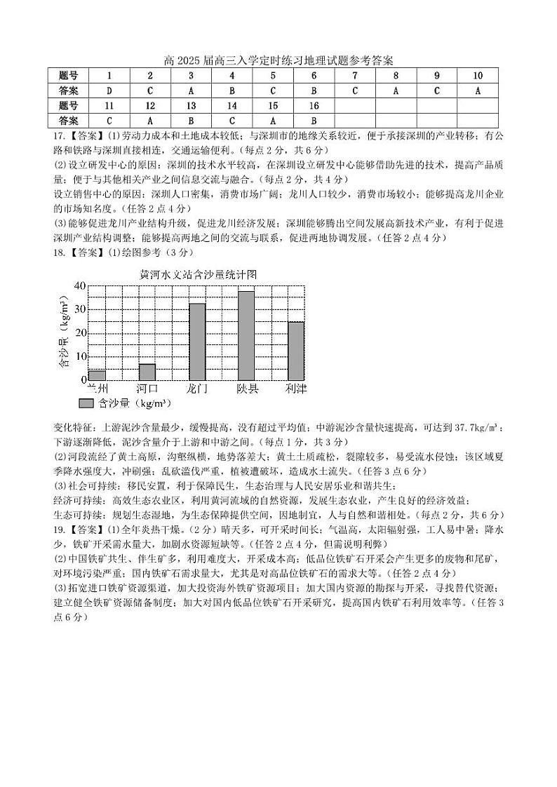 四川省成都石室2024-2025学年度上期高2025届定时练习试卷地理答案第1页