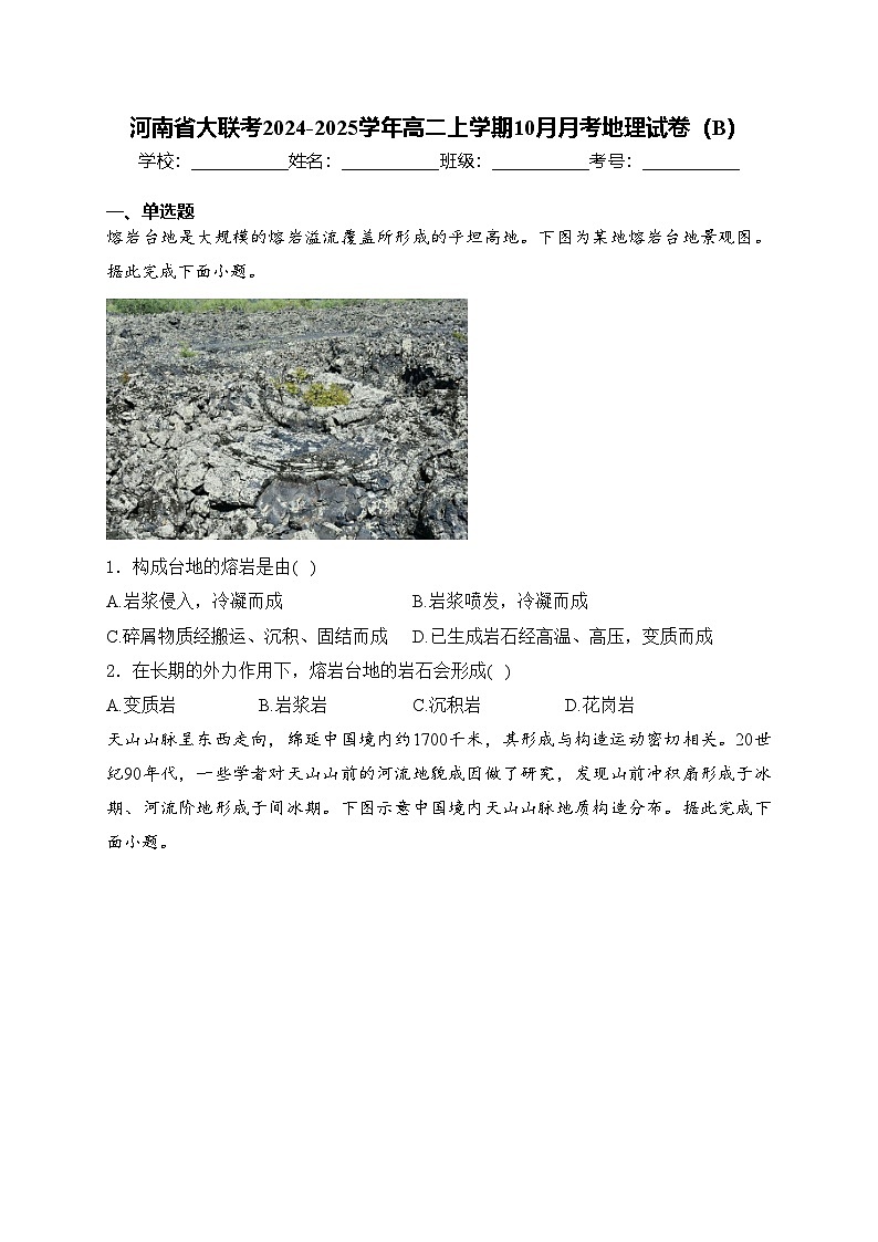 河南省大联考2024-2025学年高二上学期10月月考地理试卷(B)(含答案)第1页
