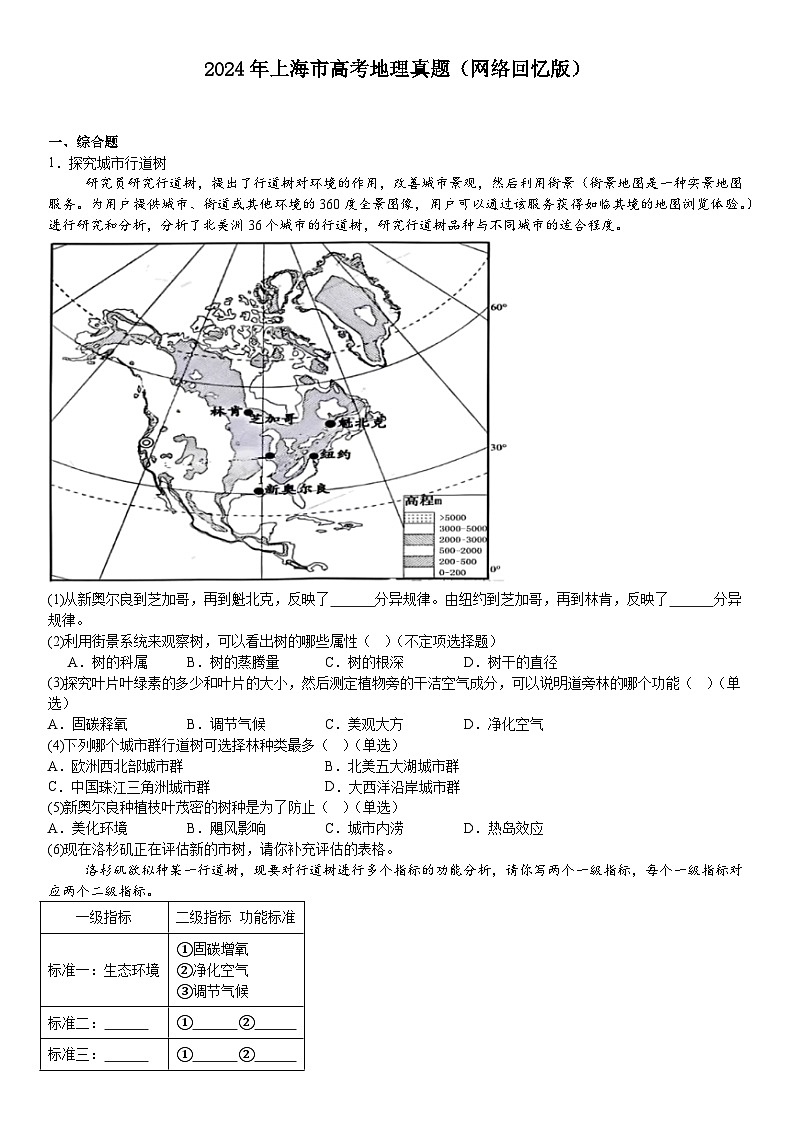 上海2024年高考地理模拟试卷附答案第1页