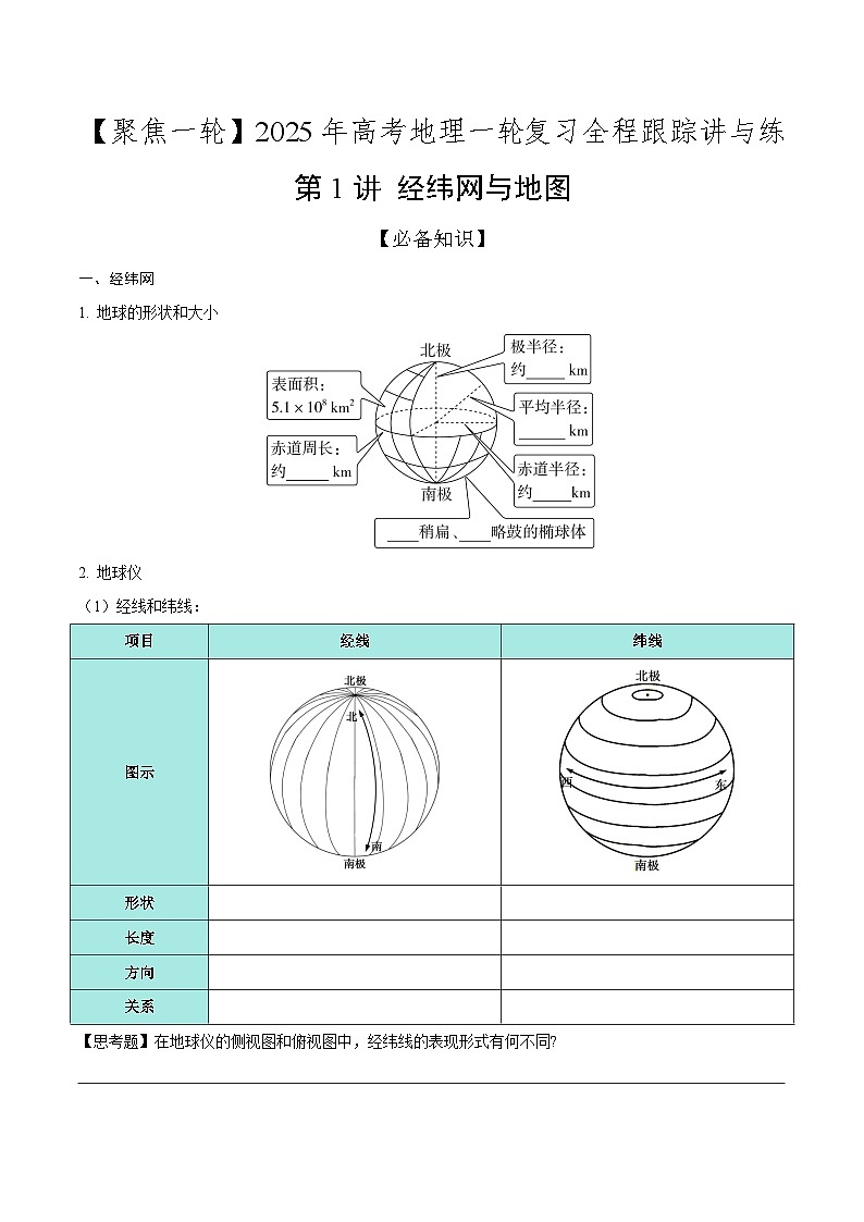 第1讲 经纬网与地图(知识清单)-【聚焦一轮】2025年高考地理一轮复习全程跟踪讲与练(原卷版)第1页