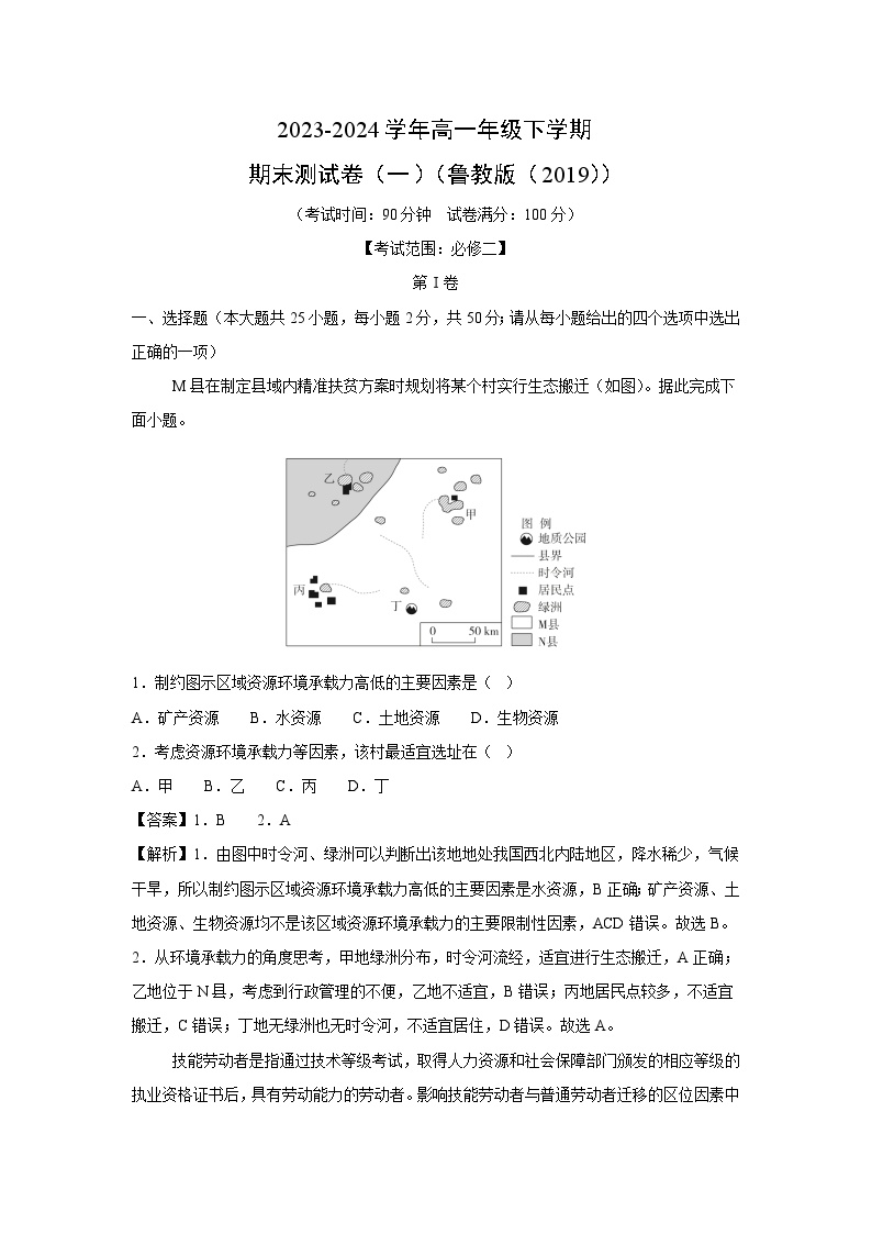 2023-2024学年高一年级下学期期末测试卷（一）（鲁教版（2019））地理（解析版）