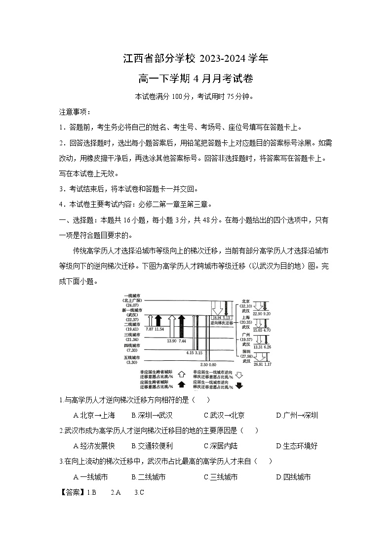 江西省部分学校2023-2024学年高一下学期4月月考地理试卷(解析版)