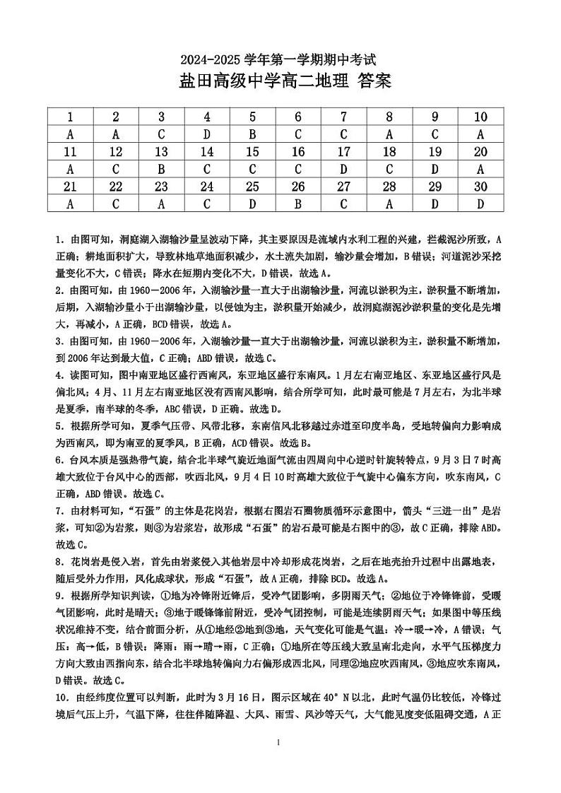 2024-2025学年第一学期期中考试盐田高级中学高二地理答案第1页