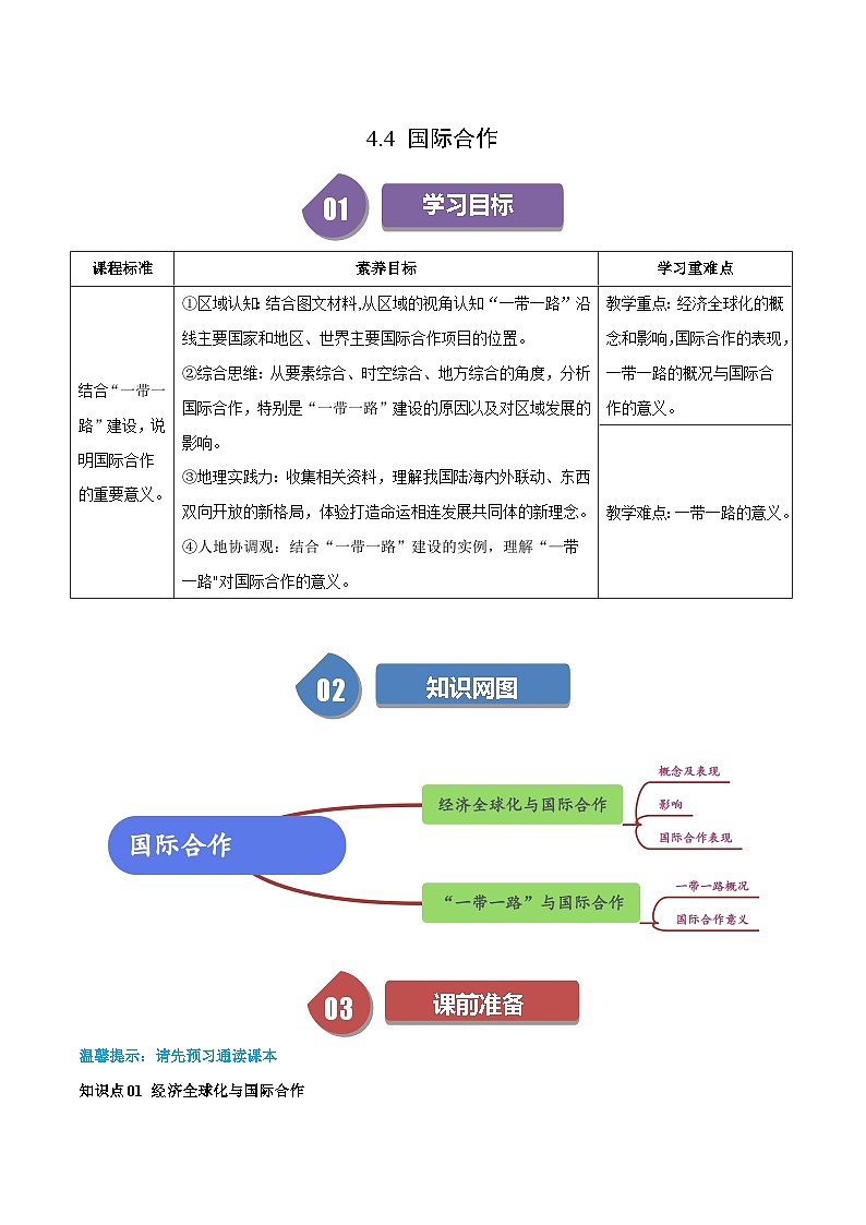 人教版高中地理选择性必修二同步讲义4.4 国际合作(原卷版)第1页