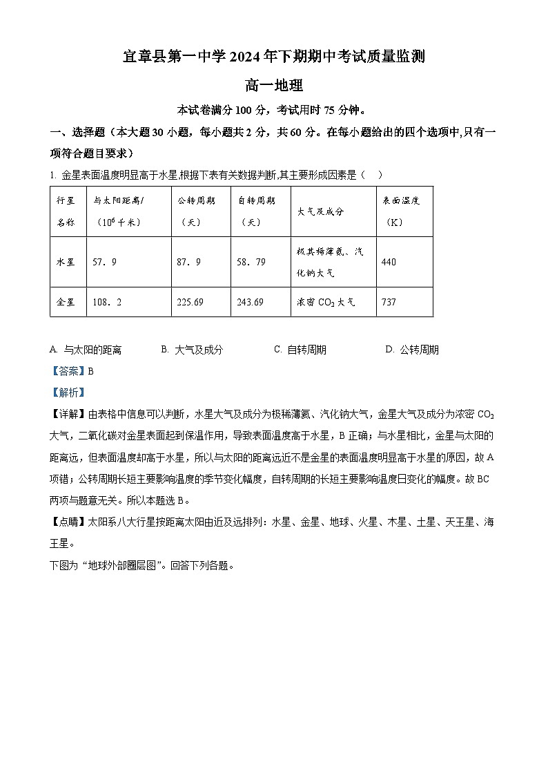 湖南省宜章县第一中学2024-2025学年高一上学期期中质量监测地理试题 Word版含解析第1页