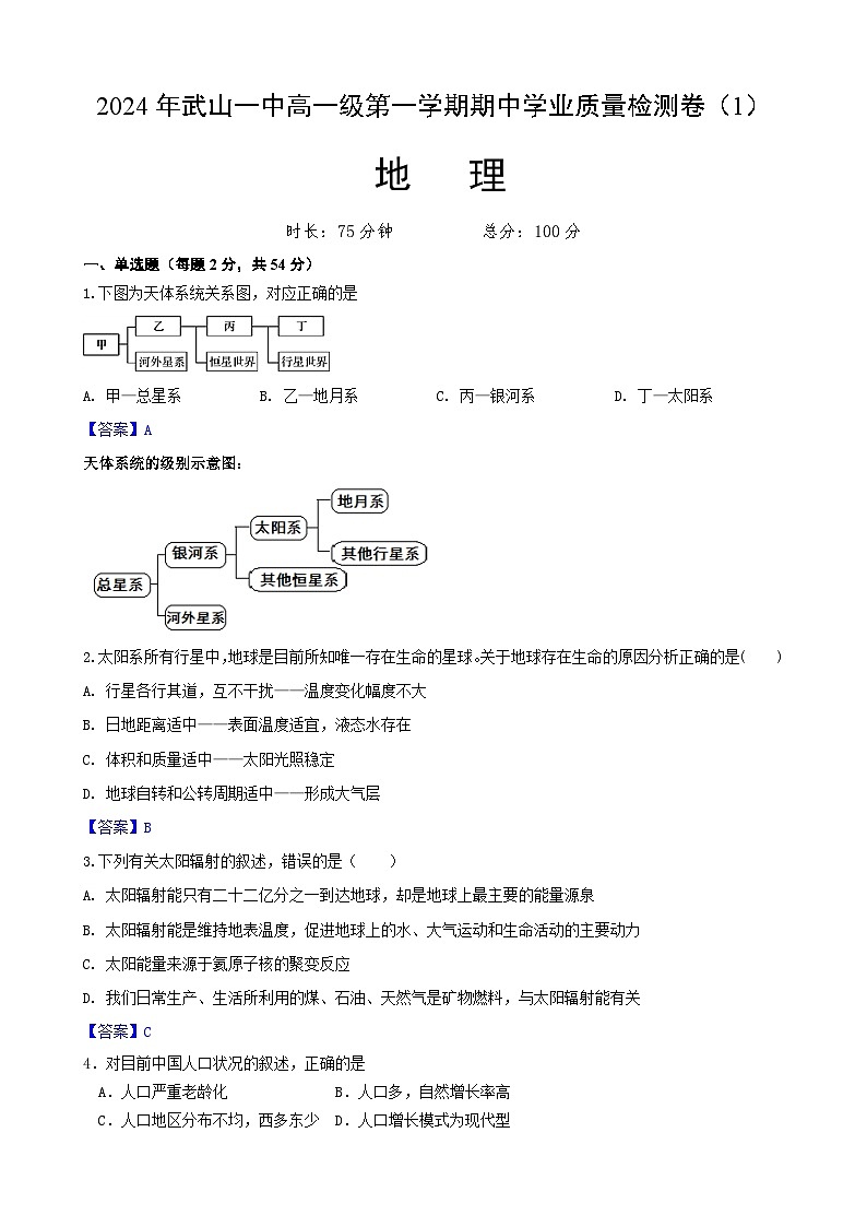 甘肃省天水市武山县第一高级中学2024-2025学年高一上学期11月期中地理试题01
