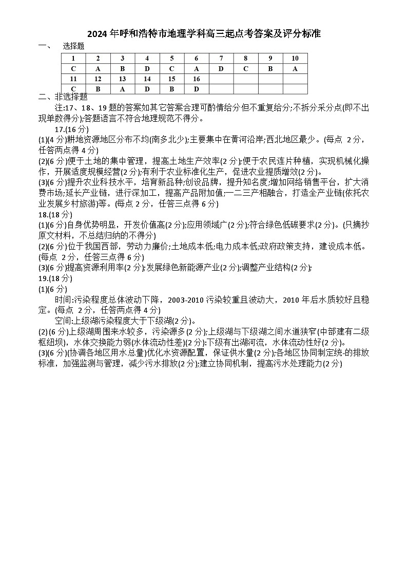 內(nèi)蒙古呼和浩特市2024-2025學(xué)年高三上學(xué)期第一次質(zhì)量監(jiān)測地理試題參考答案第1頁
