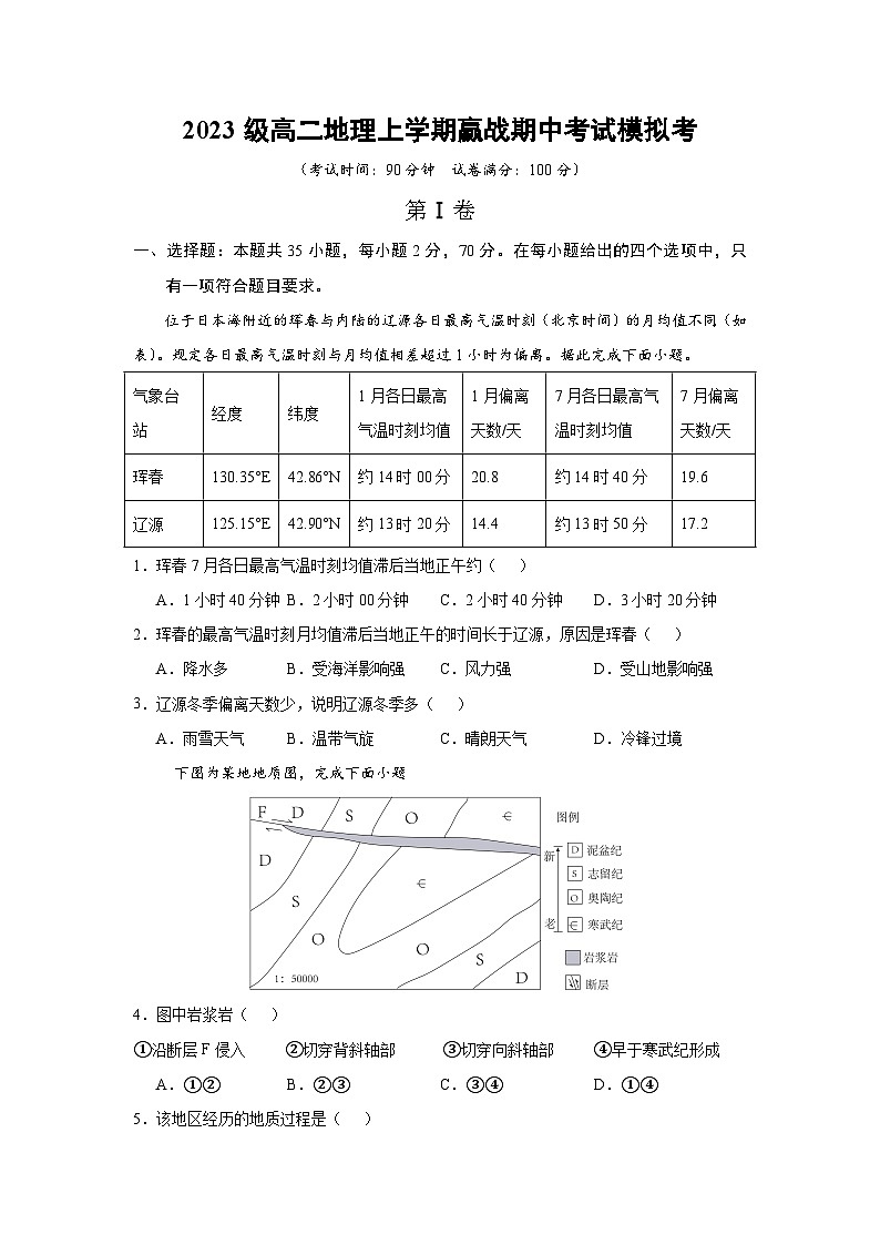 山东省蒙阴第一中学2024-2025学年高二上学期期中模拟地理试题第1页