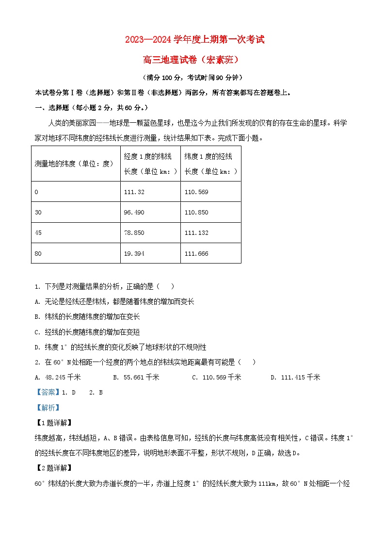 河南省周口市项城市2024届高三地理上学期第一次月考试题含解析