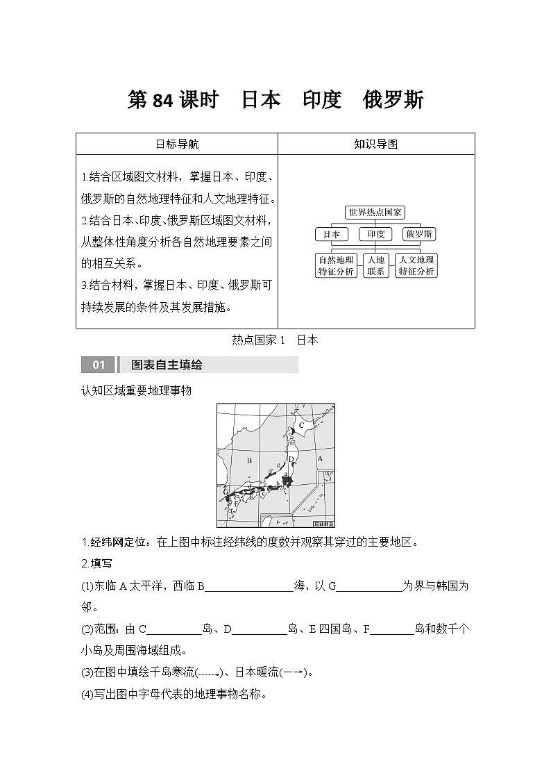 2025届高中地理一轮复习讲义:第五部分区域地理第二十一单元世界热点区域第84课时 日本 印度 俄罗斯(学生版)第1页