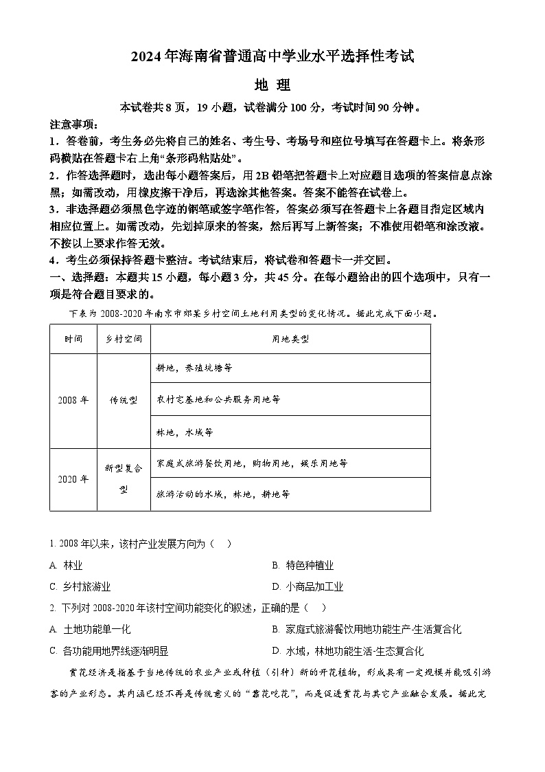 2024年高考真题——地理（海南卷）试卷（Word版附答案）