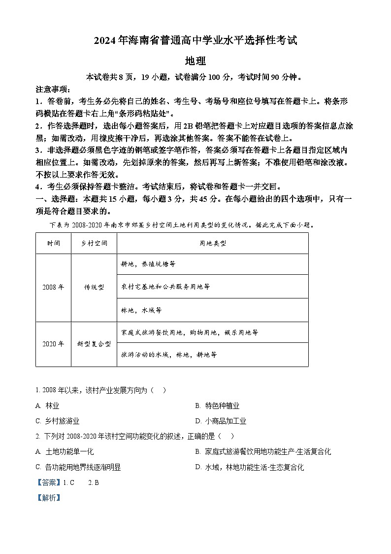 2024年高考真题——地理(海南卷)试卷(Word版附解析)01