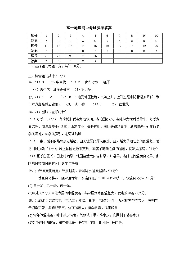 云南省保山市智源高级中学2024-2025学年高一上学期11月期中地理答案第1页