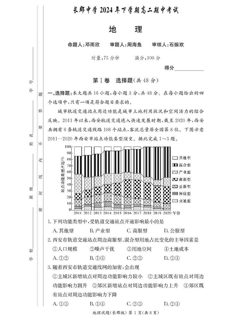 地理-湖南省长沙市长郡中学2024-2025学年高二上学期期中考试01