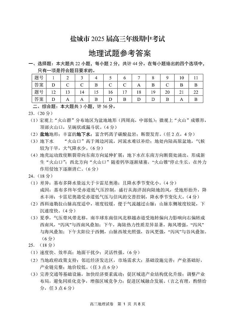 2025江苏省盐城市高三上学期11月期中考试地理答案第1页