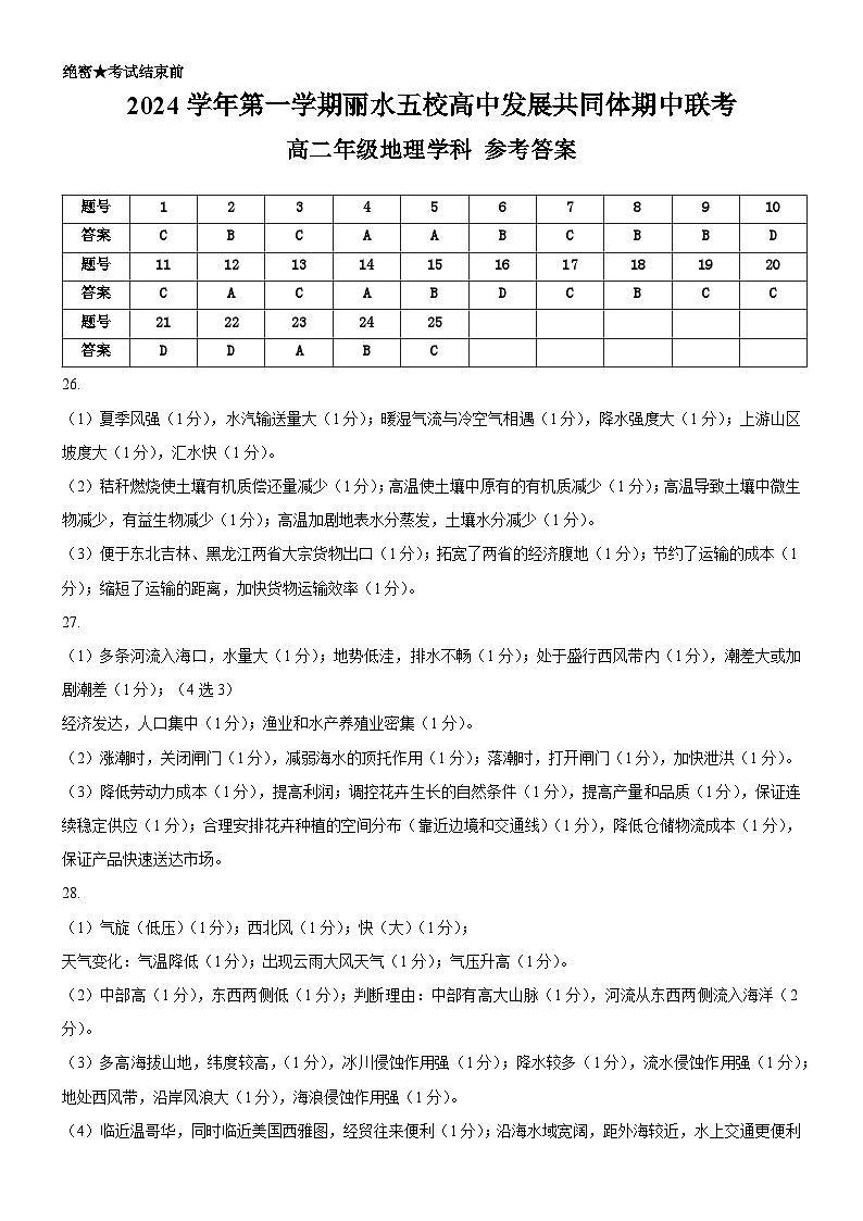 浙江省丽水市五校高中发展共同体2024-2025学年高二上学期11月期中考试地理试题01